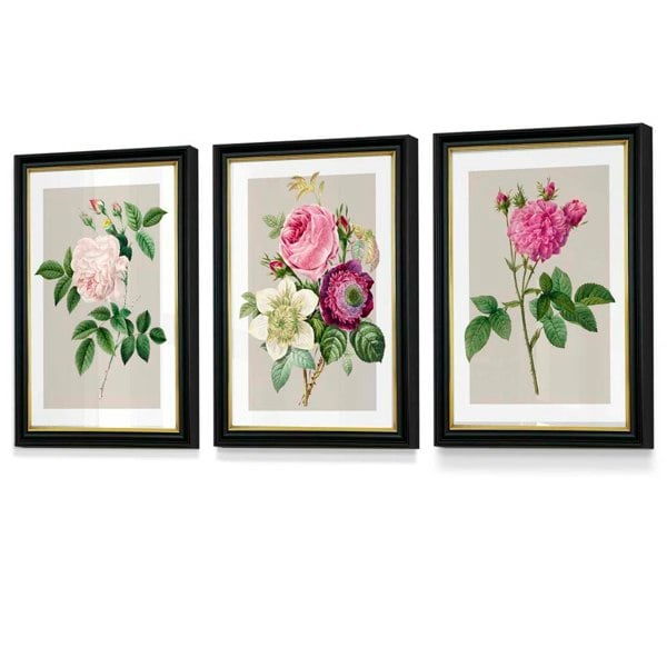 Artze Wall Art Vintage Pink and White Roses Set of 3 Framed Prints