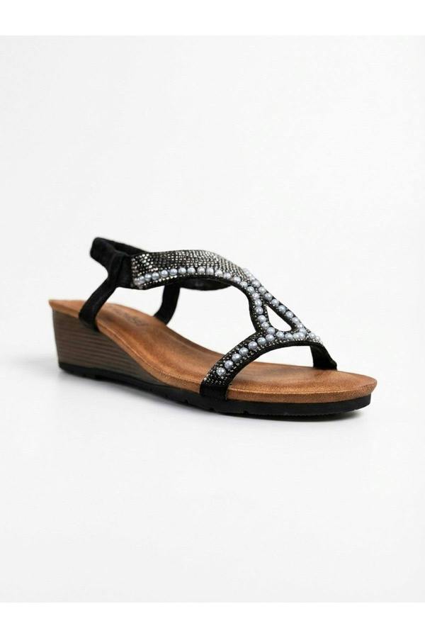 Violet Beaded Lattice Wedge Sandals - Black