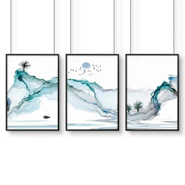 Art print set of 3 | Teal Japanese wall art print for living room