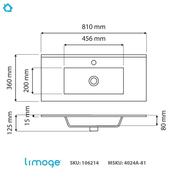Limoge 4024A Ceramic 81cm Thin-Edge Inset Basin with Rectangular Bowl