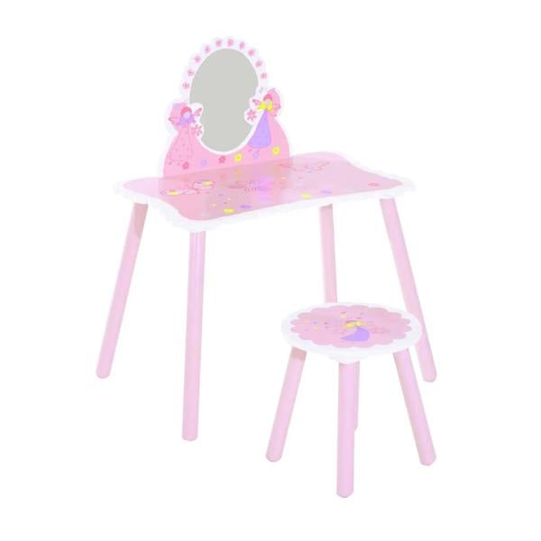 Pink kids dressing table with oval mirror and decorated tabletop, fairy-style design