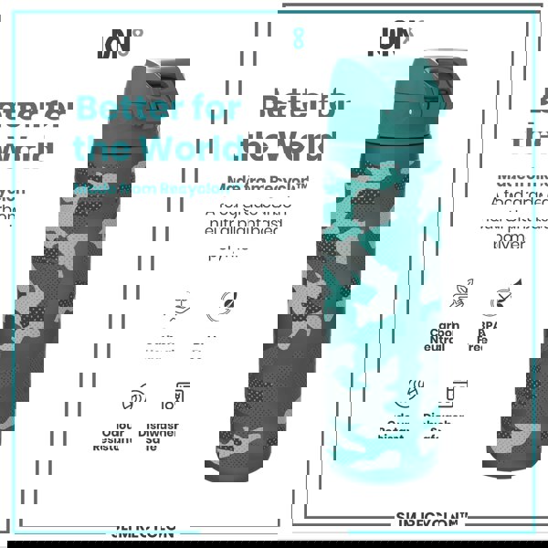 A teal, camouflage-patterned water bottle sits against a white background. It is made from a plant-based polymer, is BPA-free, odour resistant, and dishwasher safe. The bottle is advertised as "Better for the World."
