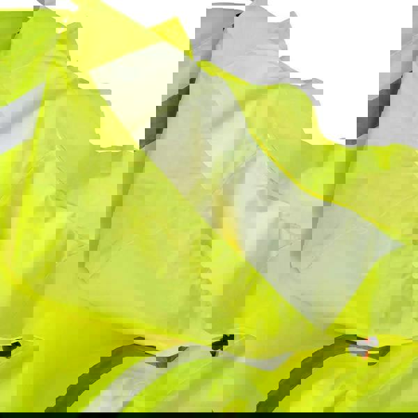 Scruffs High Visibility Mens Hi-Viz Waterproof Zip Up Jacket Coat, bright yellow high visibility waterproof jacket with reflective strips and zipper closure.