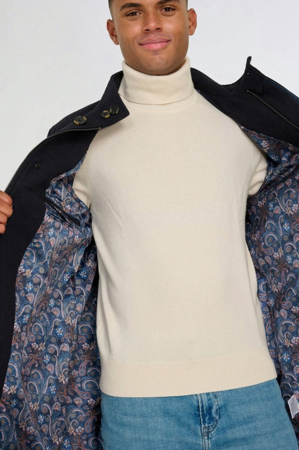 Harry Brown London George Wool Melton Coat with Funnel Neck in Navy