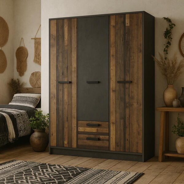 Wyld Haus Whimwick Walnut and Dark Matera Grey 3 Door Wardrobe 2 Drawers
