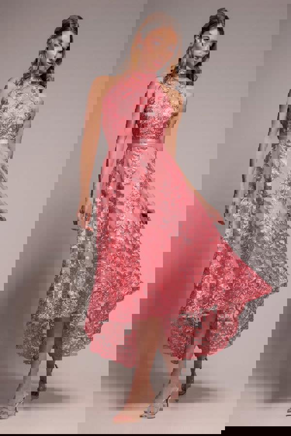 Halter Neck Lace High And Low Dress - Coral DR3346QZ