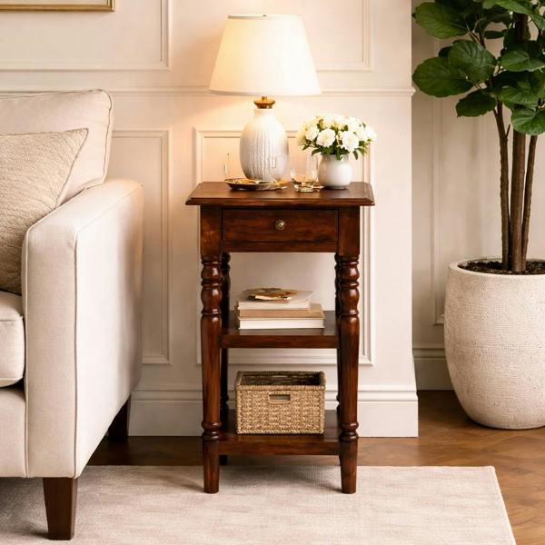 Artisan Furniture Solid Wood Tall Turned Leg Side Table, Brown, 1 Drawer