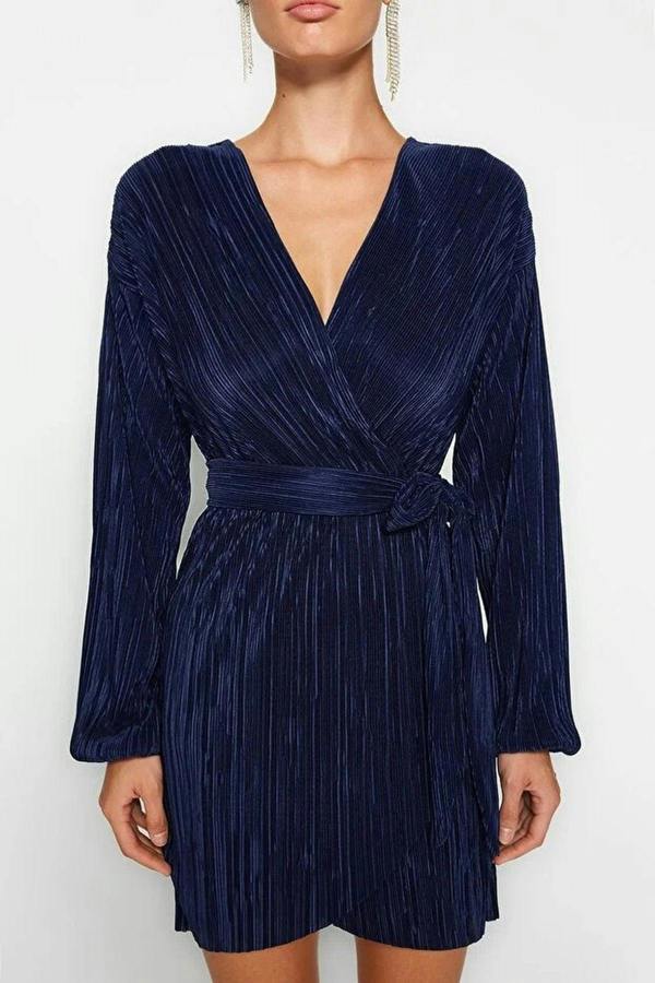 WOVCOR Belted A-Line Pleated Knit Short Elegant Evening Dress