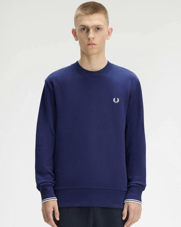 Fred Perry Mens Crew Neck Sweatshirt - French Navy/Dusky Blue/Dusky Blue 93B | CHO | Designer Mens Sweatshirts