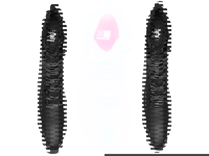 Karrimor Mendip 4 Mens Walking Hiking Lace Up Trek Leather Boots, black leather hiking boots with grey laces, waterproof feature, and padded collar for comfort.