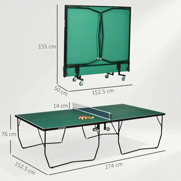 Green folding tennis table with net, wheels visible and tabletop shown in layout view