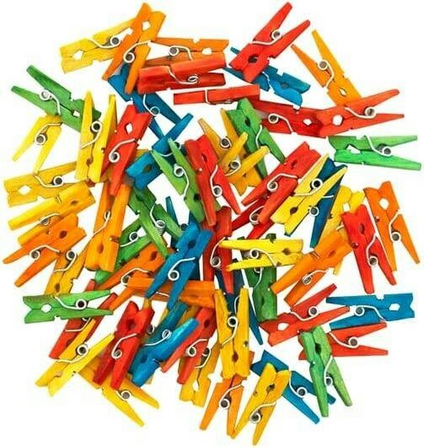Shatchi 25mm Wooden Mini Clothes Pegs Assorted Colours Pack of 100 for Crafts, Photos and Displays
