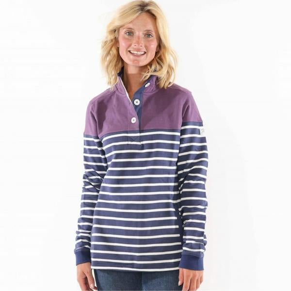Lazy Jacks Women's Striped Button Neck Sweatshirt - Loganberry