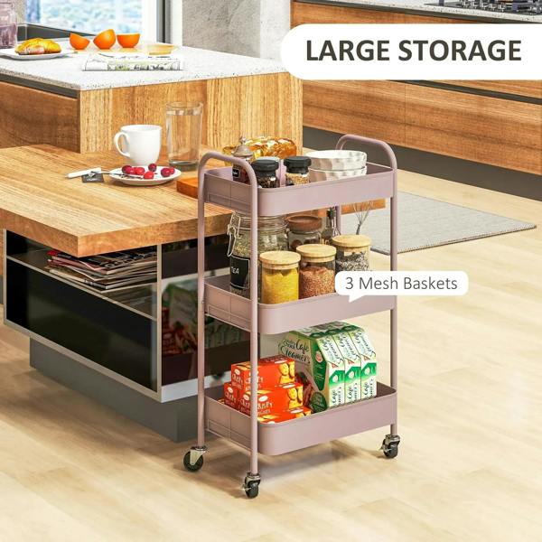 Pink three-tier storage trolley with three mesh baskets for pantry, office, or kitchen items