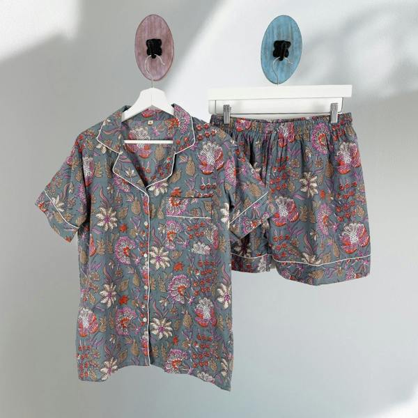 Hayley & Co Floral 100% Cotton Short Pyjama Set in Grey and Pink