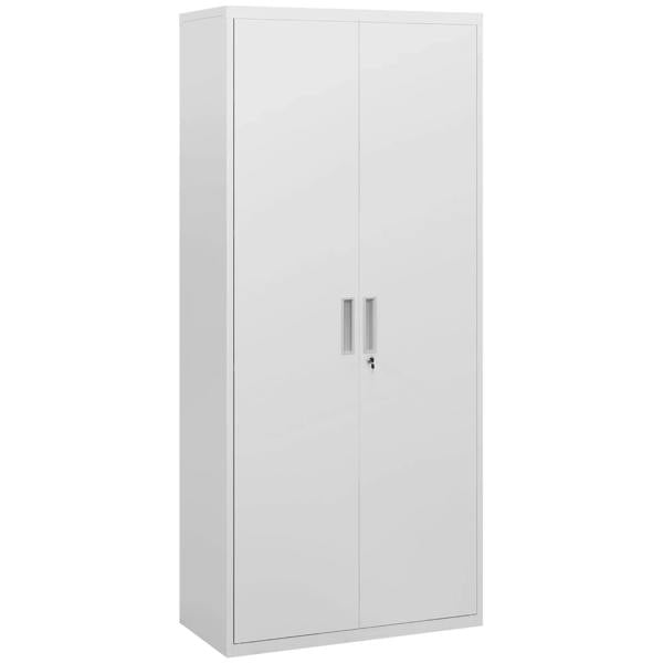 White lockable steel office cabinet with two doors and vertical handle