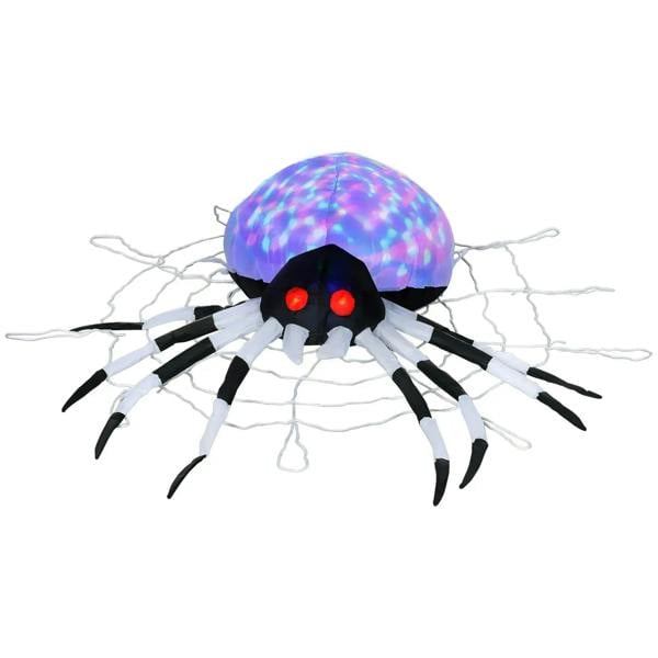 Inflatable Halloween spider with iridescent LED dome, red glowing eyes, black and white legs
