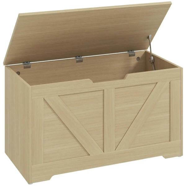 Natural wood storage box with hinged lid open, visible metal support bars