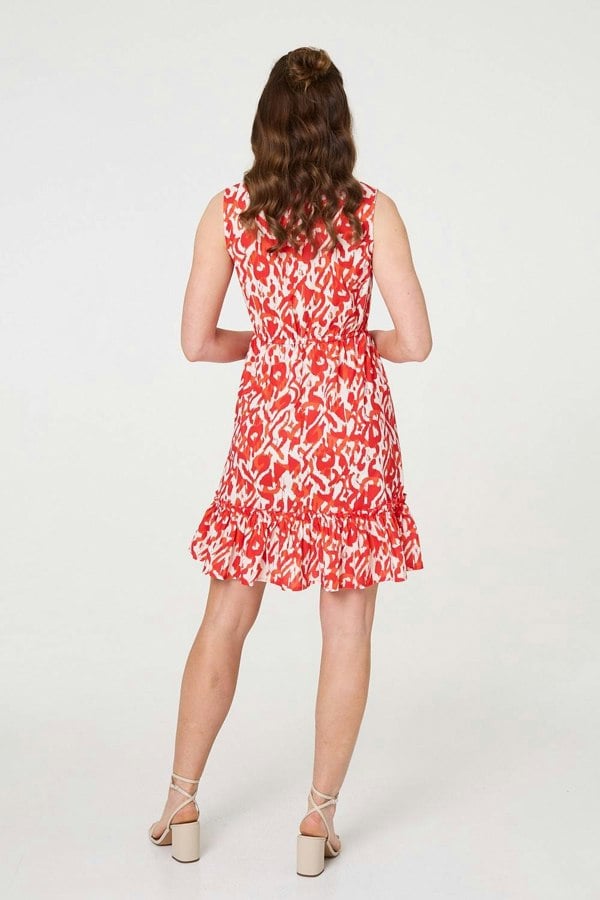 Orange | Printed Sleeveless Short Shirt Dress
