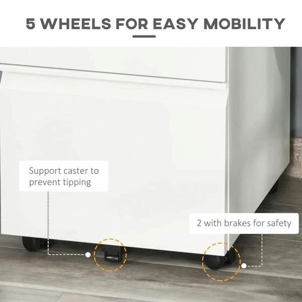White metal filing cabinet with caster wheels and stability design for easy mobility.