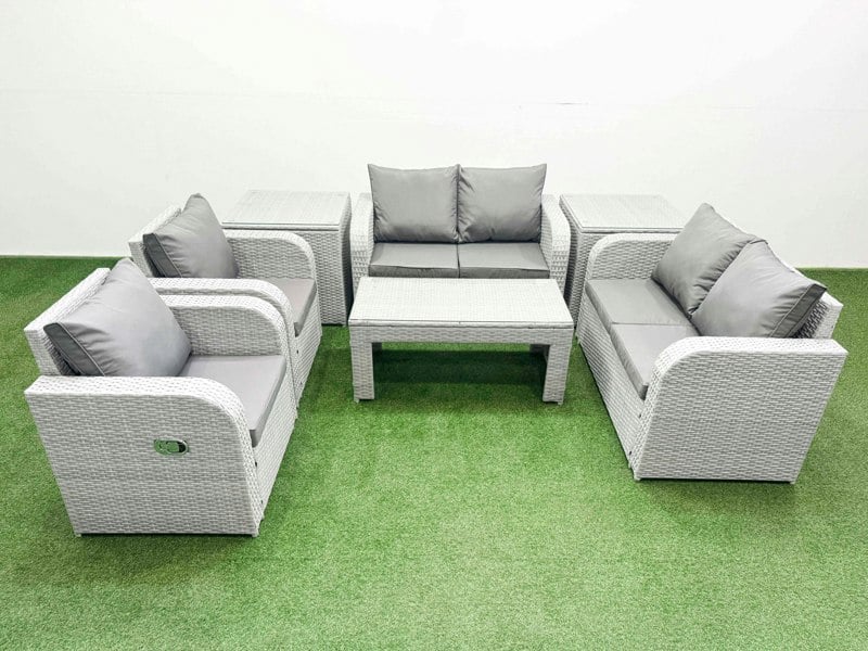 Fimous 6 Seater Outdoor Reclining Chair Love Sofa Set Rattan Garden Furniture Set with Oblong Coffee Table 2 Side Tables Light Grey