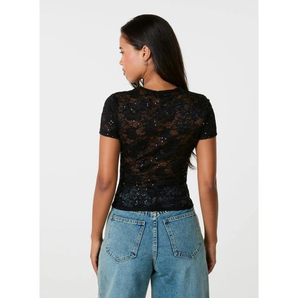 Pink Vanilla Sequin Lace Cutout Tee
