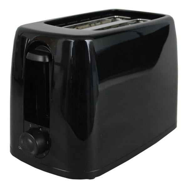 The Igenix 2 Slice Toaster, 650W, features wide slots, 6 browning levels via a control dial, and a side lever. It includes a crumb tray and cord storage. Shown here in black on a plain white background.