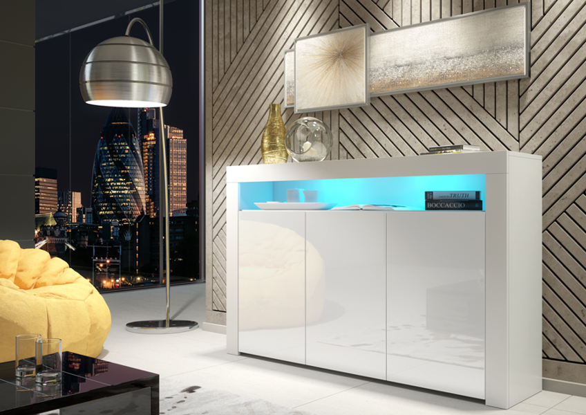Mex Furniture 155cm Sideboard TV Stand Cupboard Cabinet – White High Gloss Doors with Free LED