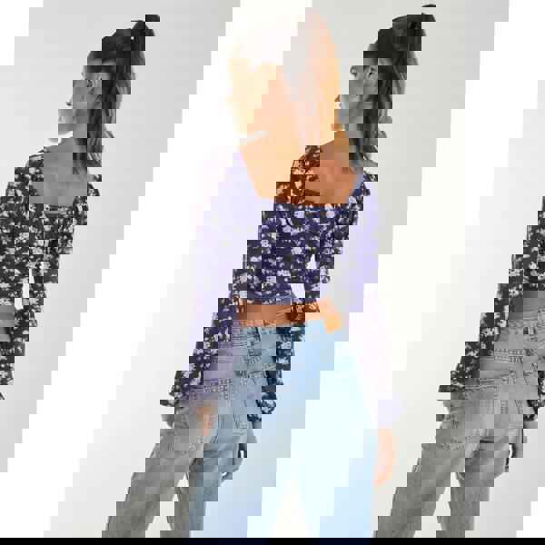 Pink Vanilla Floral Printed Milkmaid Long Balloon Sleeve Top