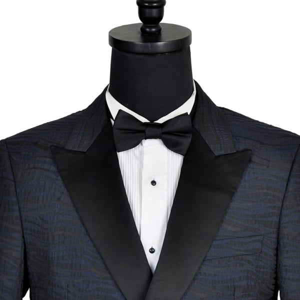David WeJ Alfredo Cropped Double Breasted Jacquard Wave Print Tuxedo - Navy Blue