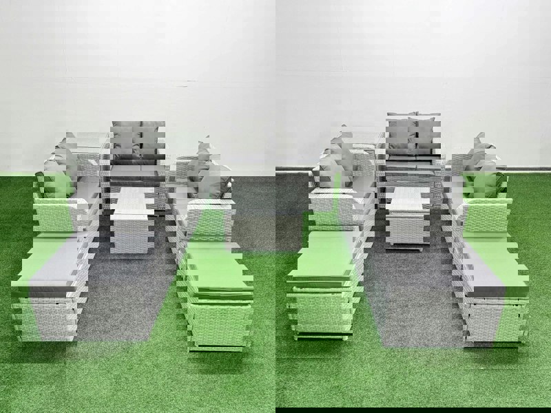 Fimous  8 Seater PE Wicker Rattan Furniture Sofa Sets with Square Coffee Table 2 Seater Love Sofa 2 Big Footstool Side Table Light Grey