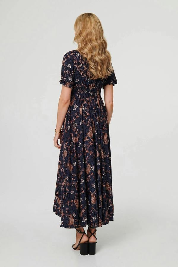 Navy | Leaf Print Short Puff Sleeve Maxi Dress
