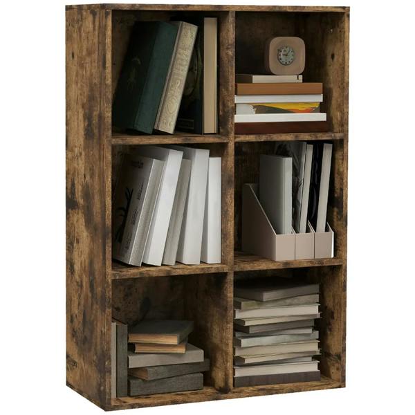 Rustic brown cube bookcase with 6 open storage compartments and book display