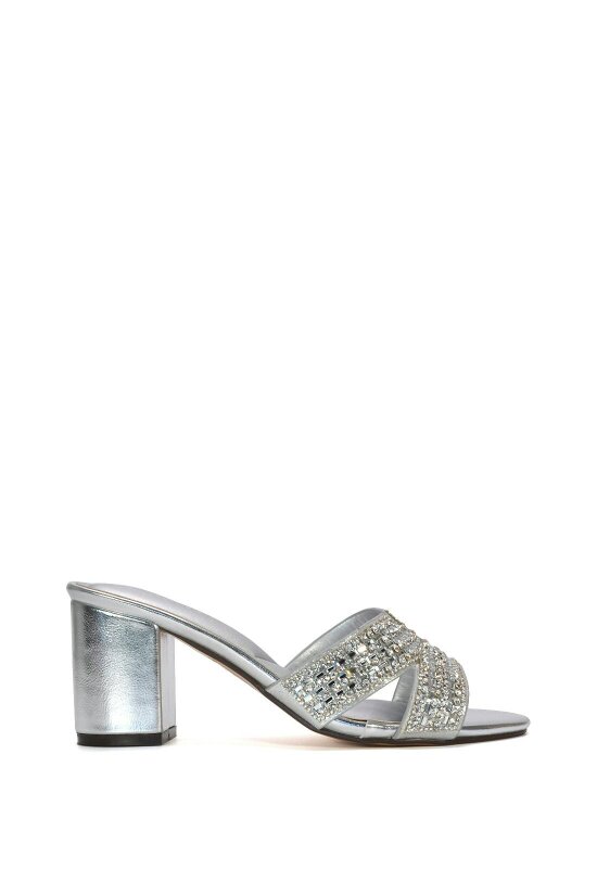 XY LONDON Sparkly Diamante Strappy Mid Block Heeled Sandal Mules - Silver