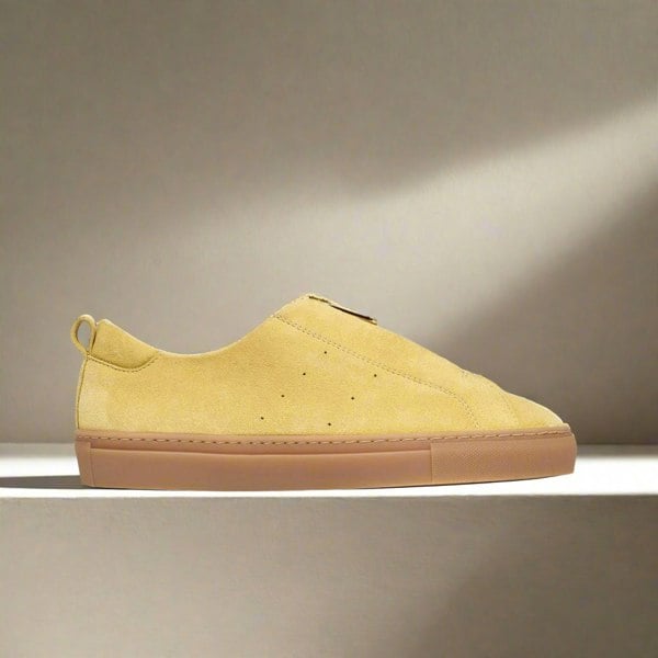 estella yellow suede trainers for bunions side view