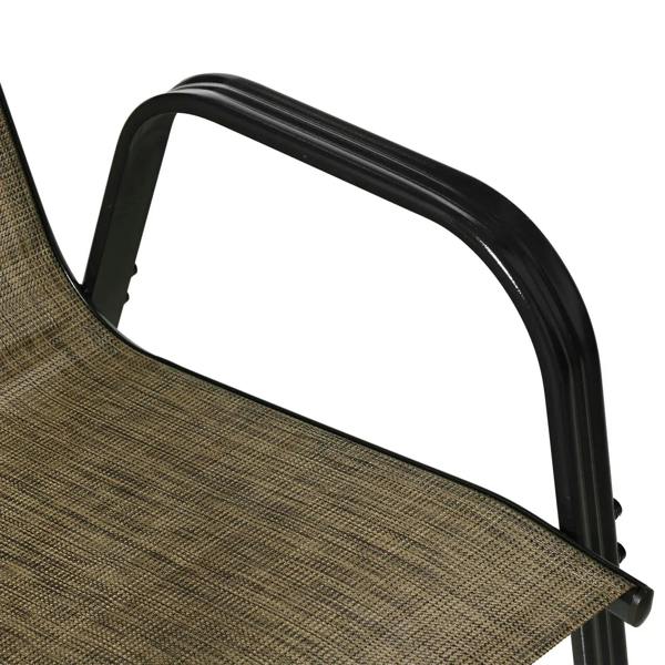 Black metal arm frame detail with mixed brown mesh seat fabric on chair