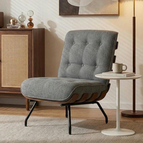 Accent Chair, Linen-look Fabric Reading Chair with Spring Cushion, Slatted Support, Steel Frame, Dark Grey - Dark Grey