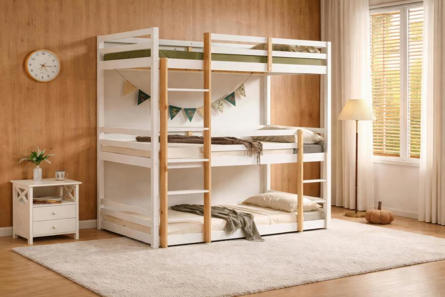 Mission TM Triple Bunk Bed, 3 Tier Solid Pine Frame with Guardrails and 2 Ladders, Sleeps Three