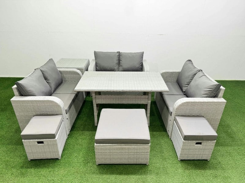 Fimous  9 Seater PE Wicker Rattan Furniture Sofa Sets with Rectangular Dining Table 2 Seater Love Sofa 3 Stool Side Table Light Grey