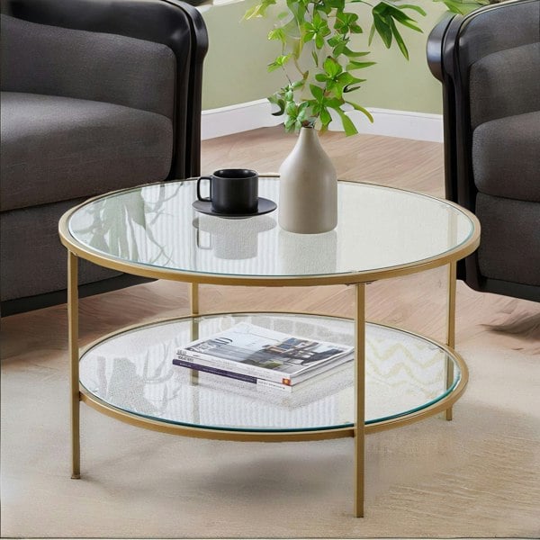 Rafaelo Mobilia Industrial 2 Tier Round Coffee Table With Tempered Glass