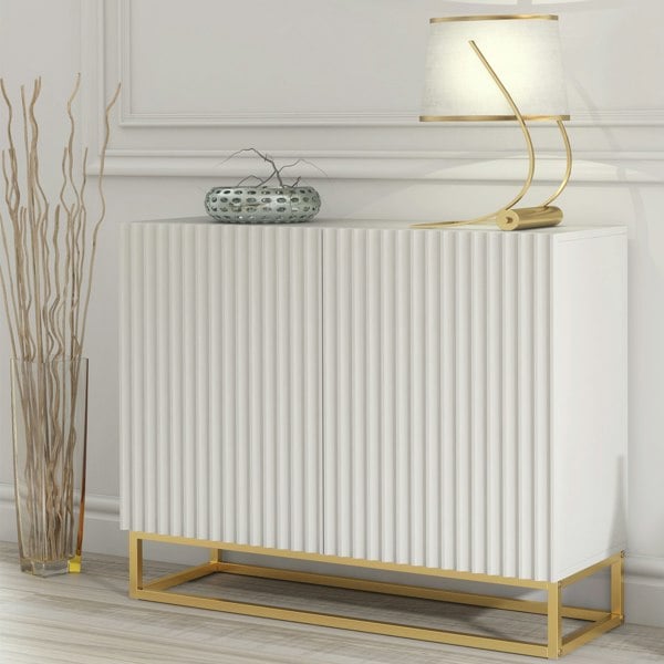 Mex Furniture Graceful White Sideboard with Fluted Fronts & Gold Legs – 100cm Storage Unit