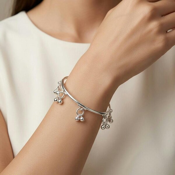 The Colourful Aura Dangling Ball Charm Kada Bangle | Silver Plated