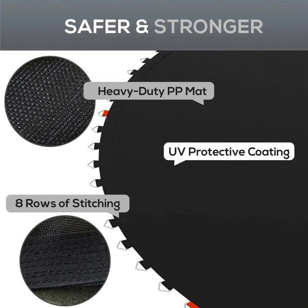 Black heavy-duty trampoline mat with UV protective coating and reinforced stitching