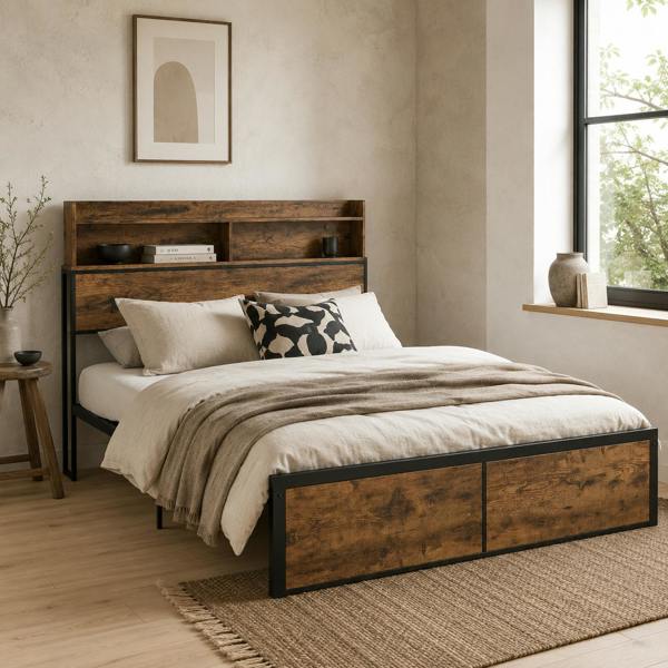 Wyld Haus Sata 4FT8 Rustic Brown and Black Industrial Double Bed Frame with Shelves