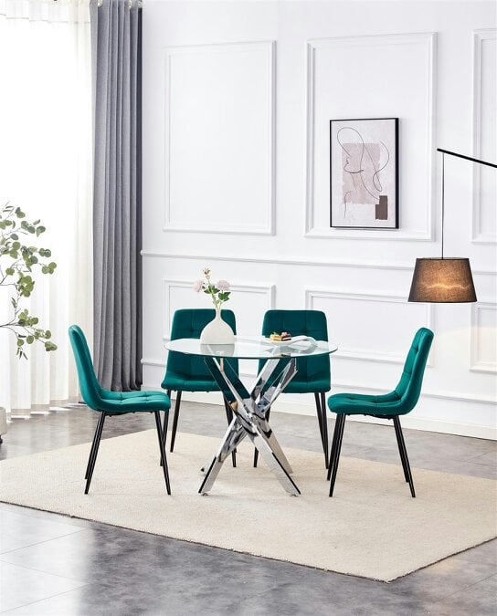 Kosy Koala Dining Table and 4 Chairs Round Glass Table 4 Green Velvet Chairs Dining Set