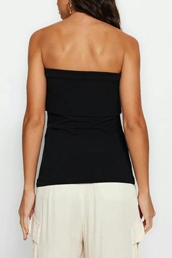 WOVCOR Strapless Neckline Side Zipper Crepe Knit Blouse