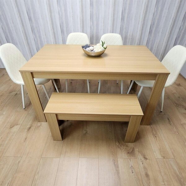 KOSY KOALA 6 Seater Modern Light Wood Dining Table Set with 4 Cream Plastic Chairs and Bench  H75 x L140 x W80 cm