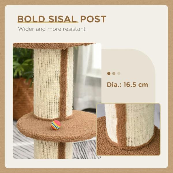 Brown cat tree with bold sisal scratching post, round base, and rainbow ball toy