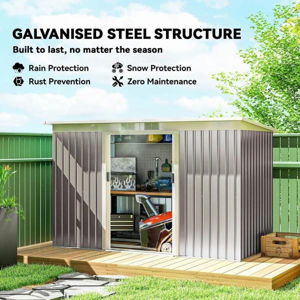 Light grey corrugated metal shed with open front showing tools on shelves