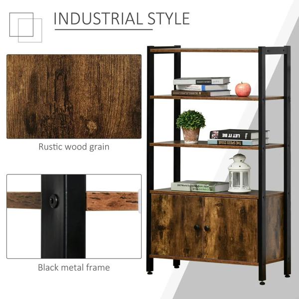 Rustic brown wood-grain cabinet panels with black metal frame and two-door storage